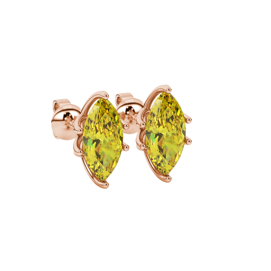 Close-up, marquise cut canary yellow gemstone earrings, rose gold scalloped six prong.