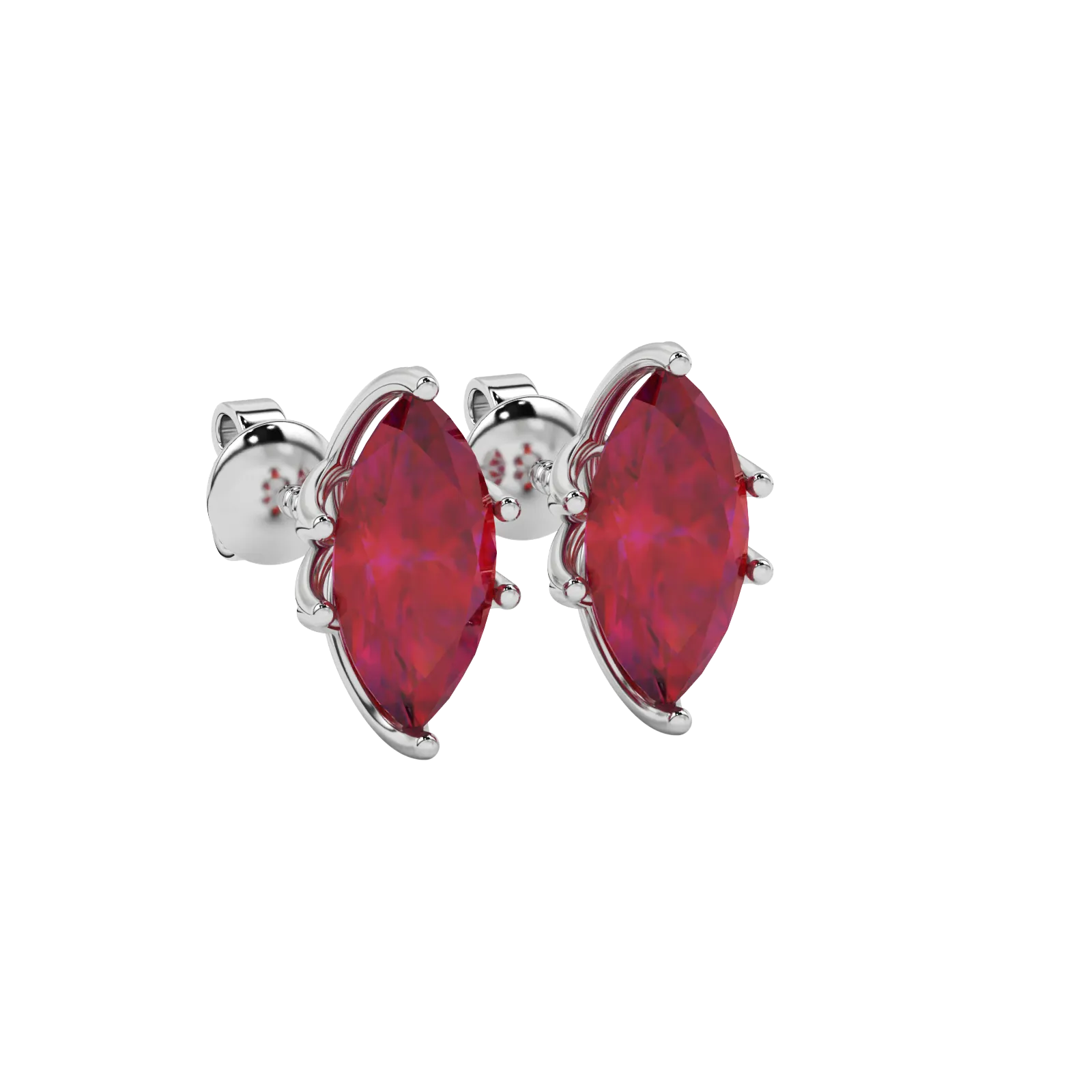 Close-up marquise cut raspberry red gemstone, white gold scalloped six prong.