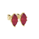 Close-up, marquise cut raspberry red gemstone, yellow gold scalloped six prong earrings