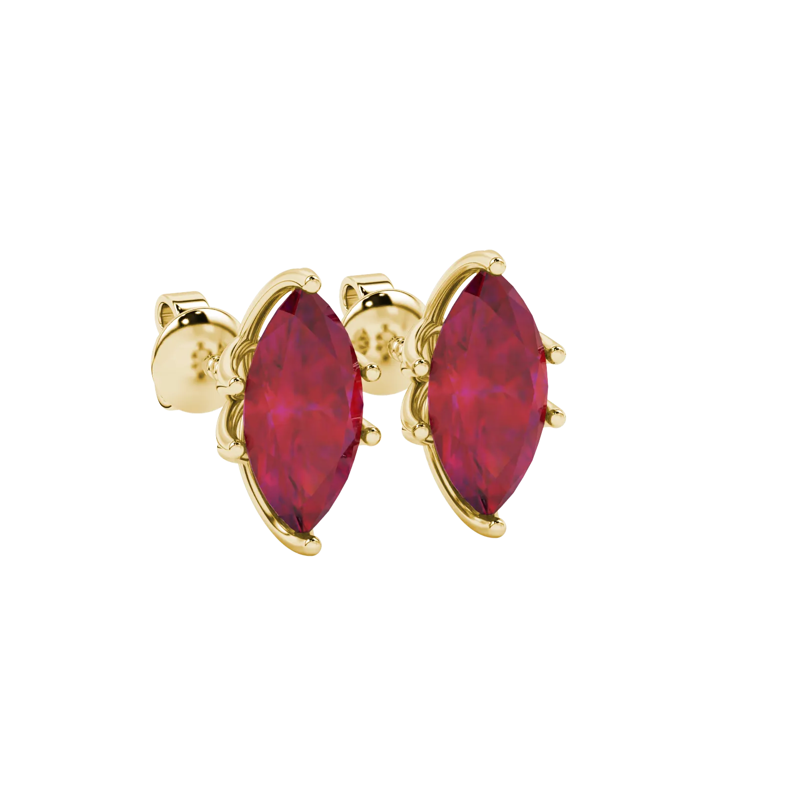 Close-up, marquise cut raspberry red gemstone, yellow gold scalloped six prong earrings