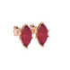 Close-up, marquise cut raspberry red gemstone earrings, rose gold scalloped six prong
