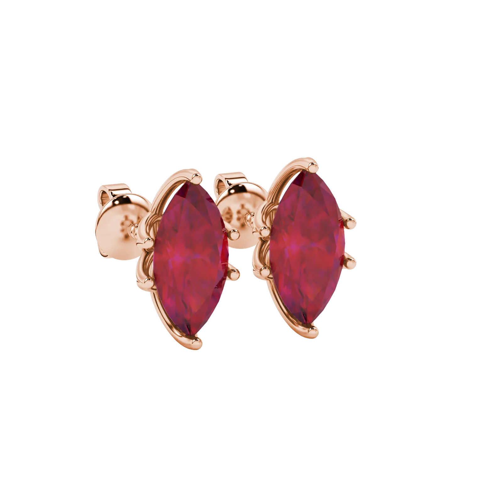 Close-up, marquise cut raspberry red gemstone earrings, rose gold scalloped six prong