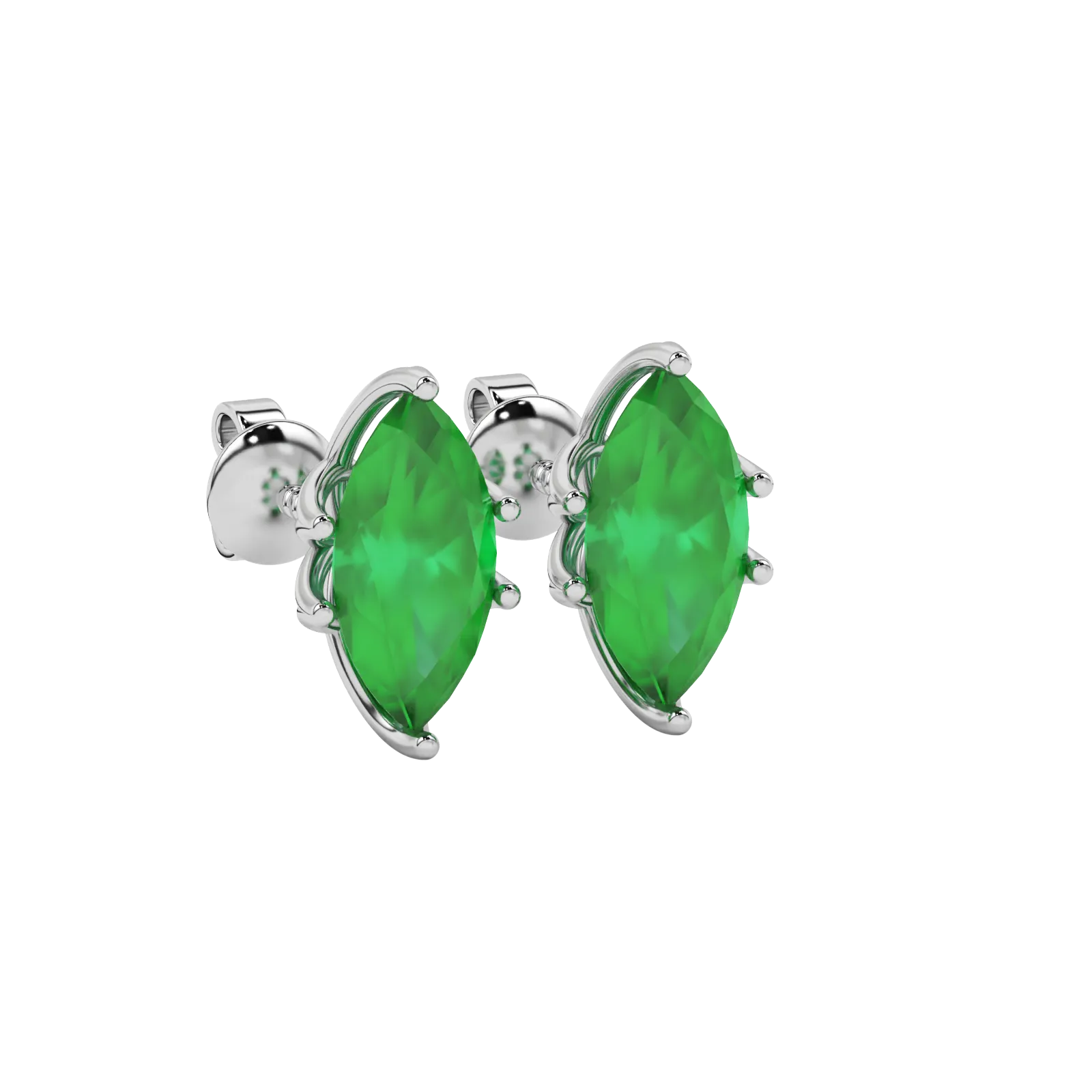 Close-up marquise cut emerald green gemstone, white gold scalloped six prong