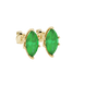 Close-up, marquise cut emerald green gemstone, yellow gold scalloped six prong earrings.