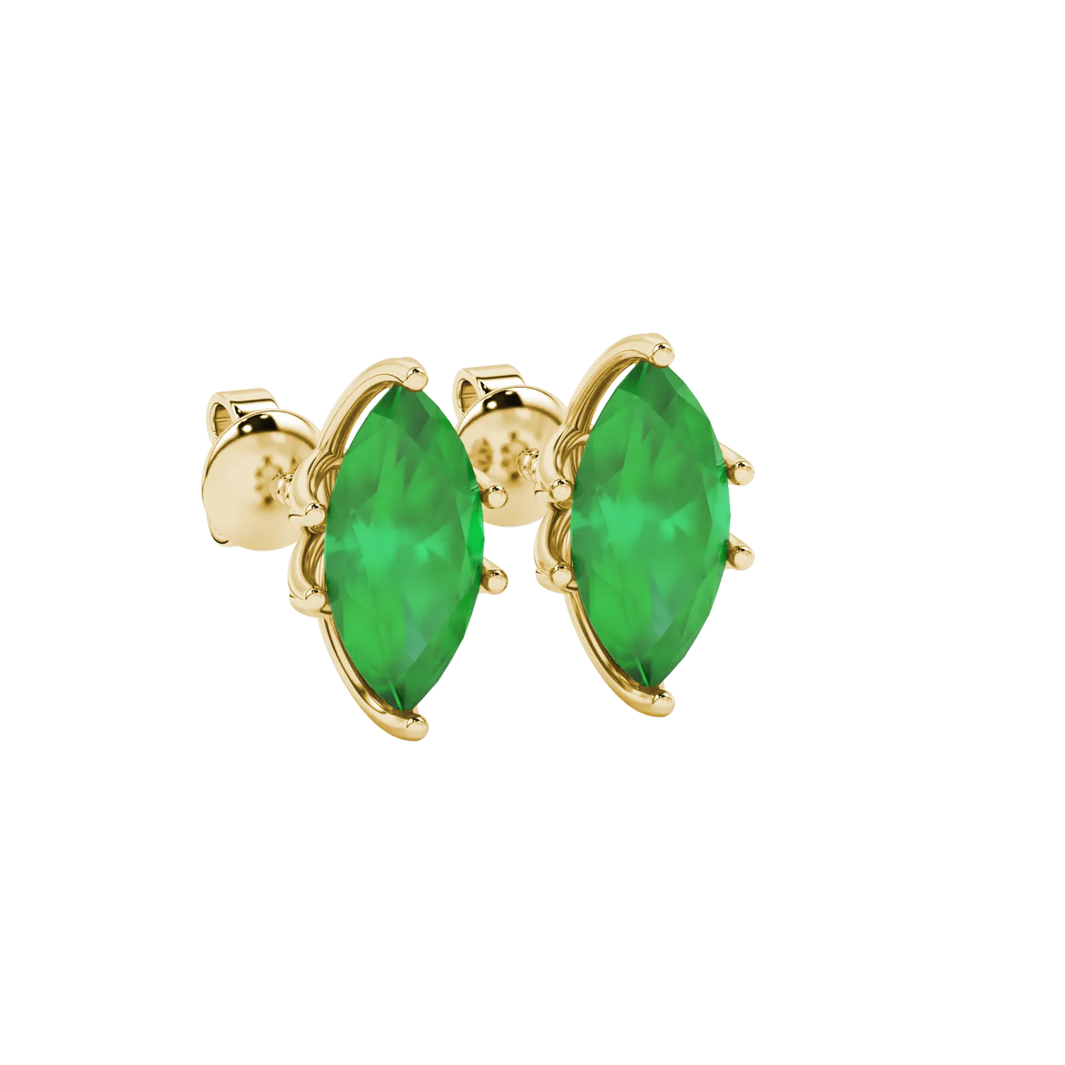 Close-up, marquise cut emerald green gemstone, yellow gold scalloped six prong earrings.