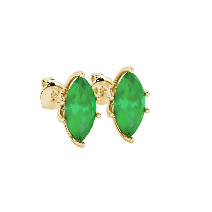 Close-up, marquise cut emerald green gemstone, yellow gold scalloped six prong earrings.
