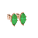 Close-up, marquise cut emerald green gemstone earrings, rose gold scalloped six prong.