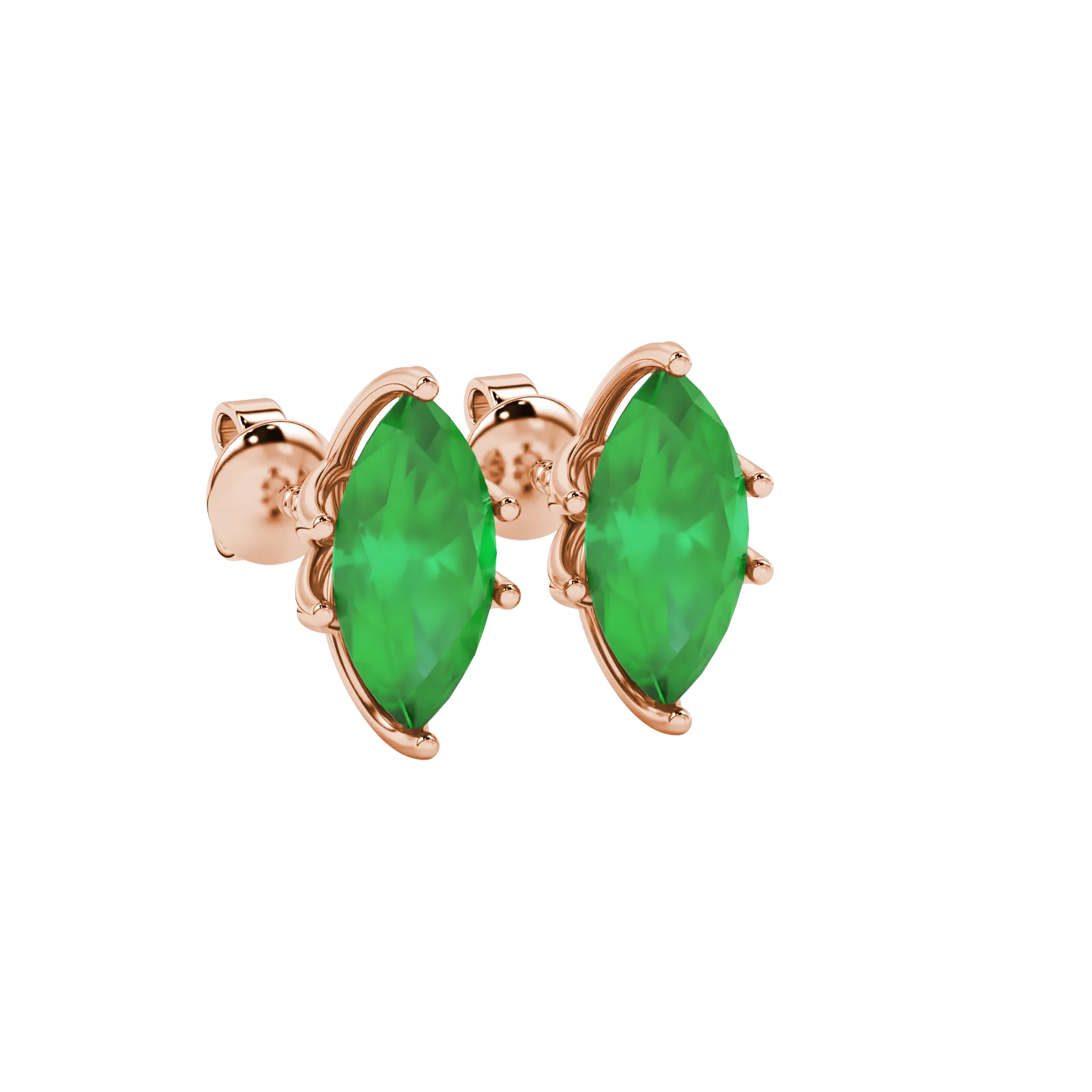 Close-up, marquise cut emerald green gemstone earrings, rose gold scalloped six prong.