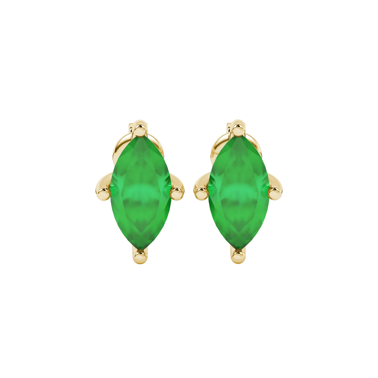 Marquise cut emerald green gemstone earrings, yellow gold surprise diamond setting.