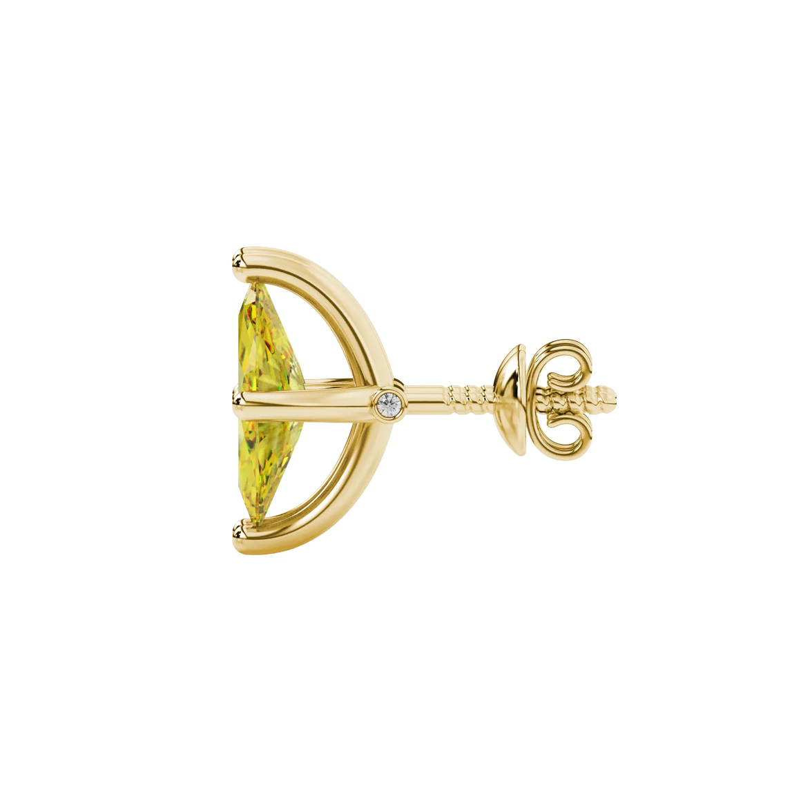 Side profile, yellow gold canary yellow earrings, surprise diamond gallery.