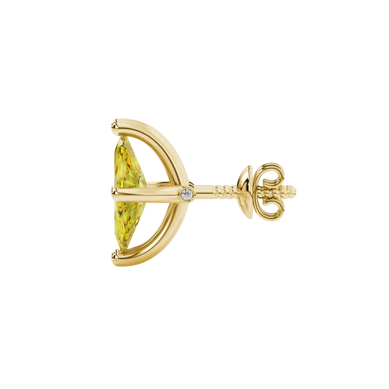 Side profile, yellow gold canary yellow earrings, surprise diamond gallery.