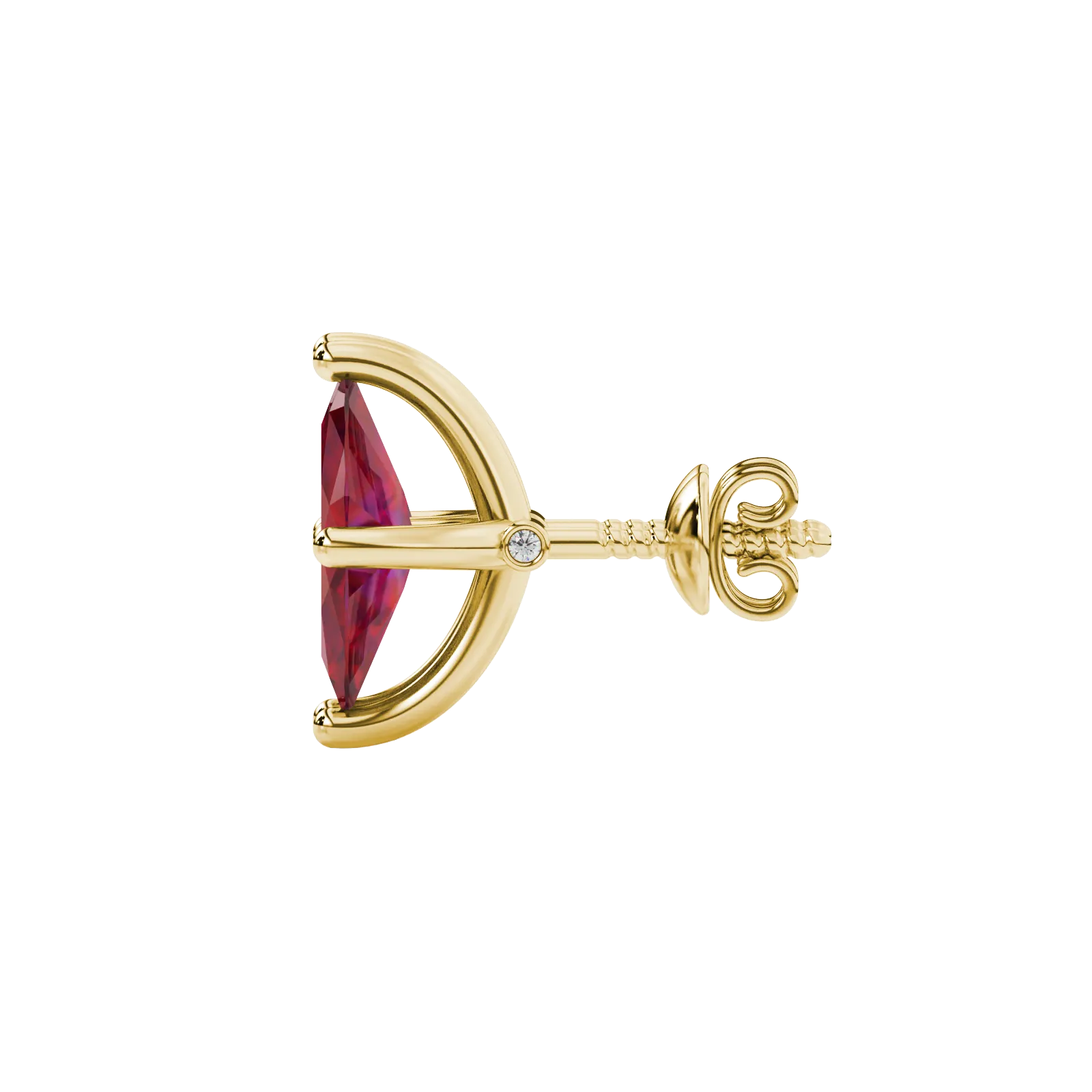 Side profile, yellow gold raspberry red earrings, surprise diamond gallery.