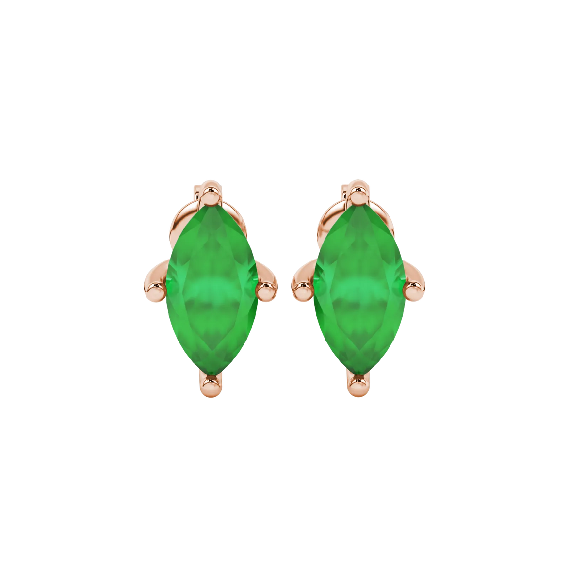 Marquise cut emerald green gemstone earrings, rose gold surprise diamond setting.