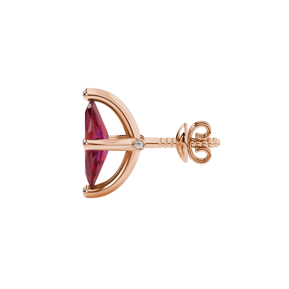 Side profile, rose gold raspberry red earrings, surprise diamond gallery.