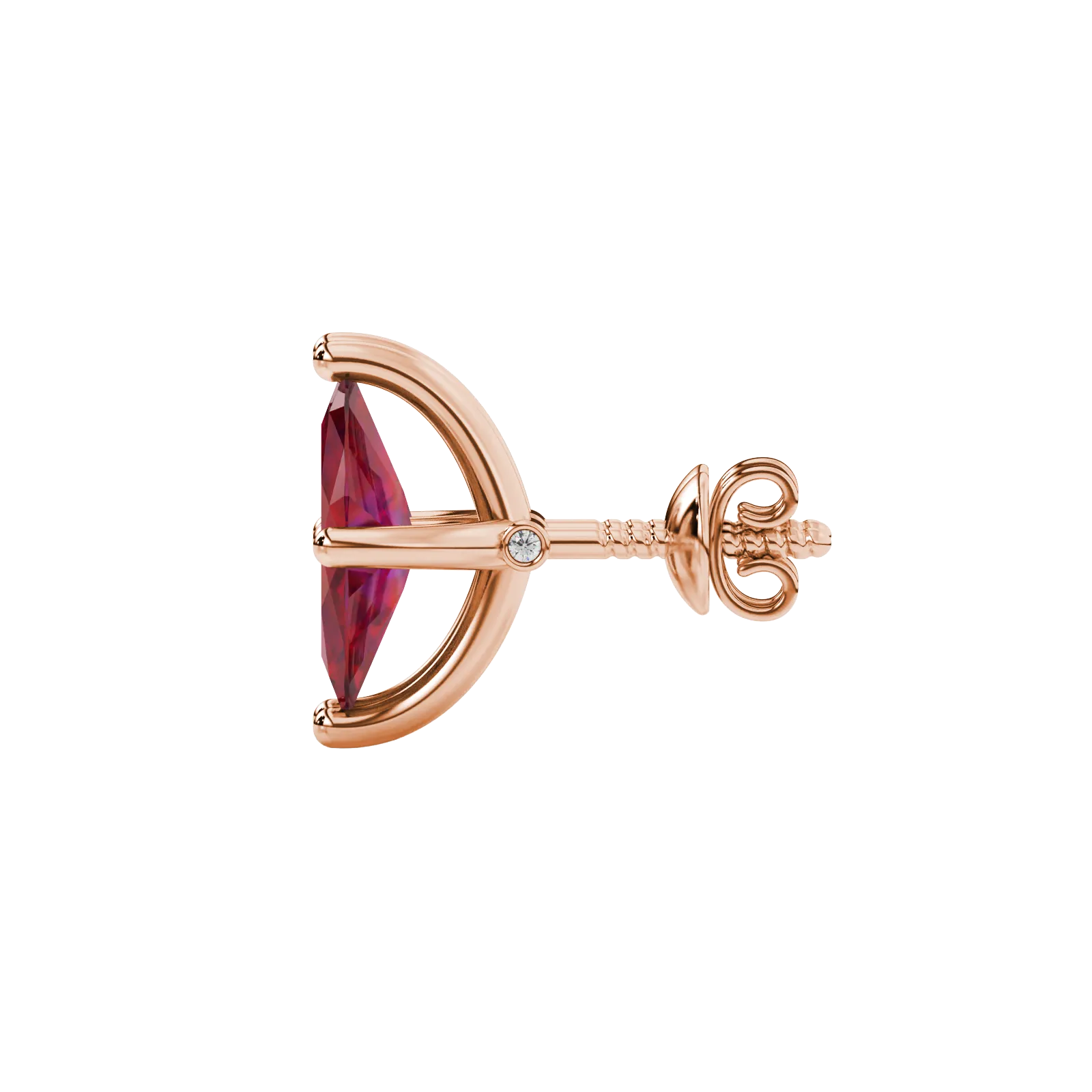 Side profile, rose gold raspberry red earrings, surprise diamond gallery.