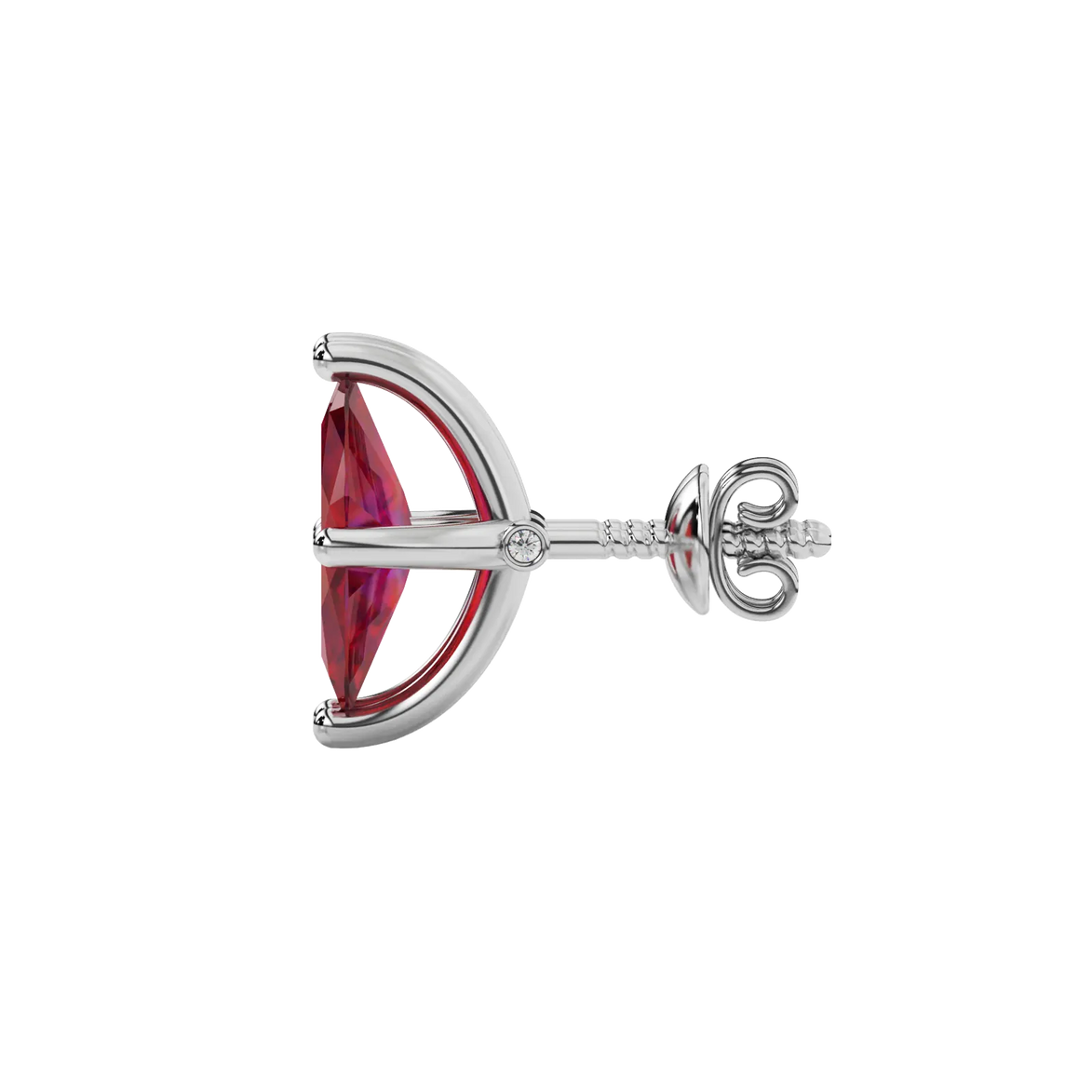Side profile, white gold raspberry red earrings, surprise diamond gallery.