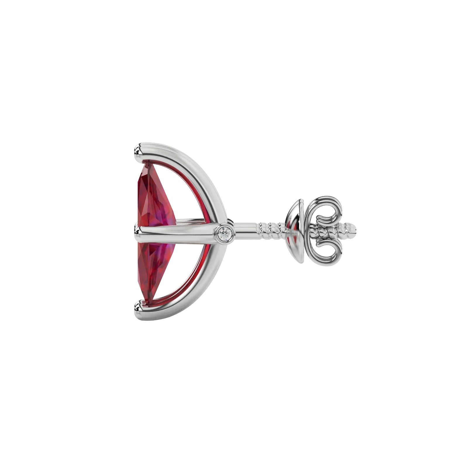 Side profile, white gold raspberry red earrings, surprise diamond gallery.