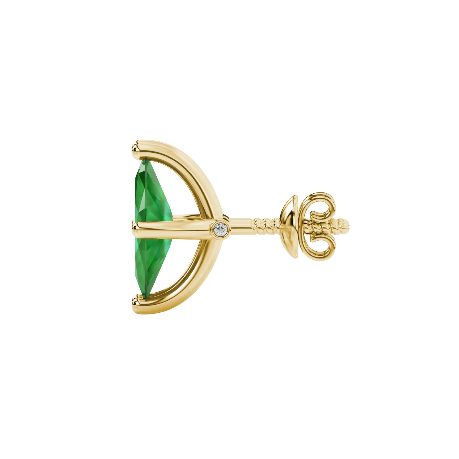 Side profile, yellow gold emerald green earrings, surprise diamond gallery.