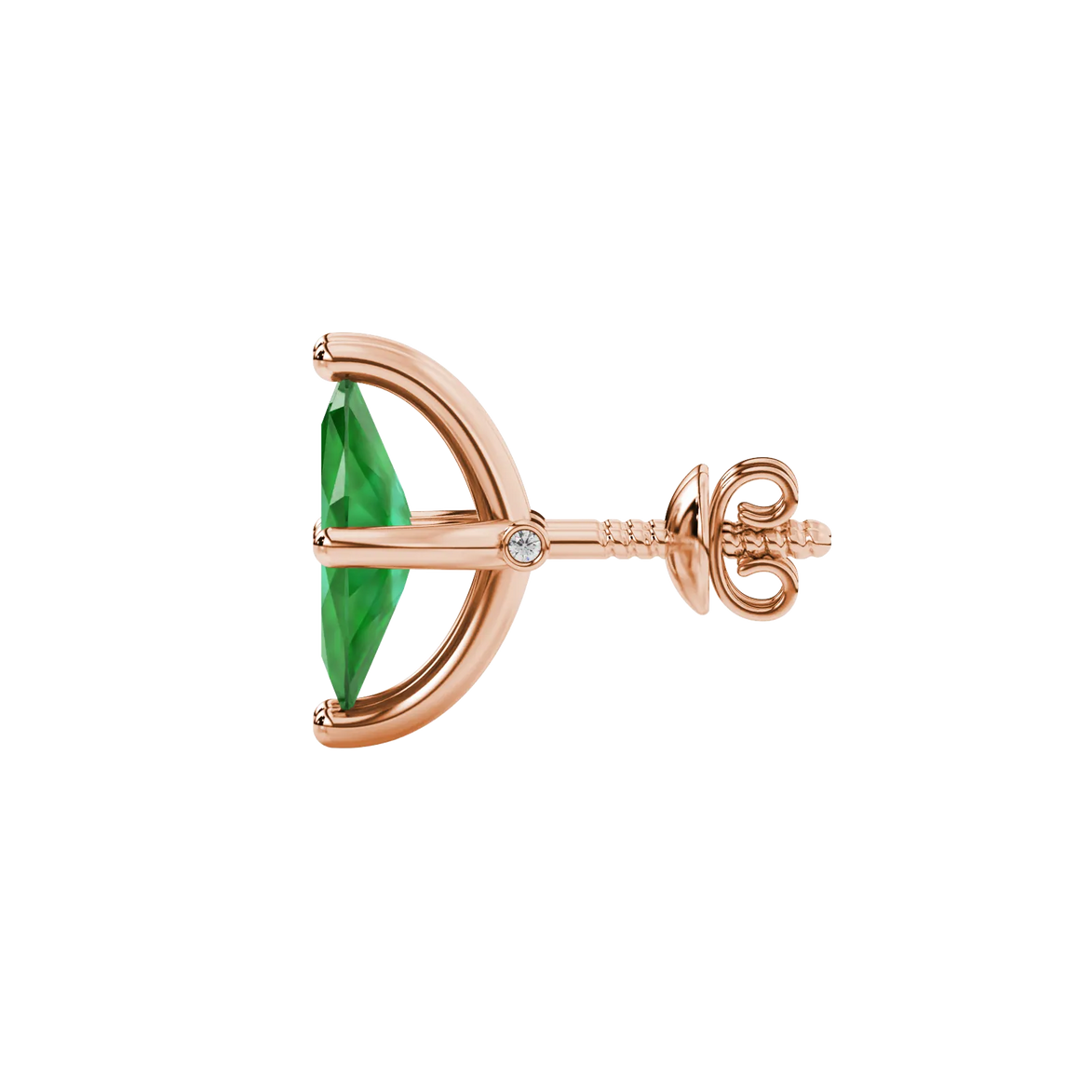 Side profile, rose gold emerald green earrings, surprise diamond gallery.