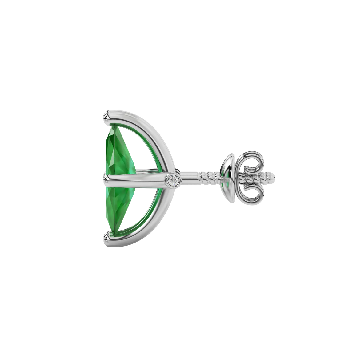 Side profile, white gold emerald green earrings, surprise diamond gallery.