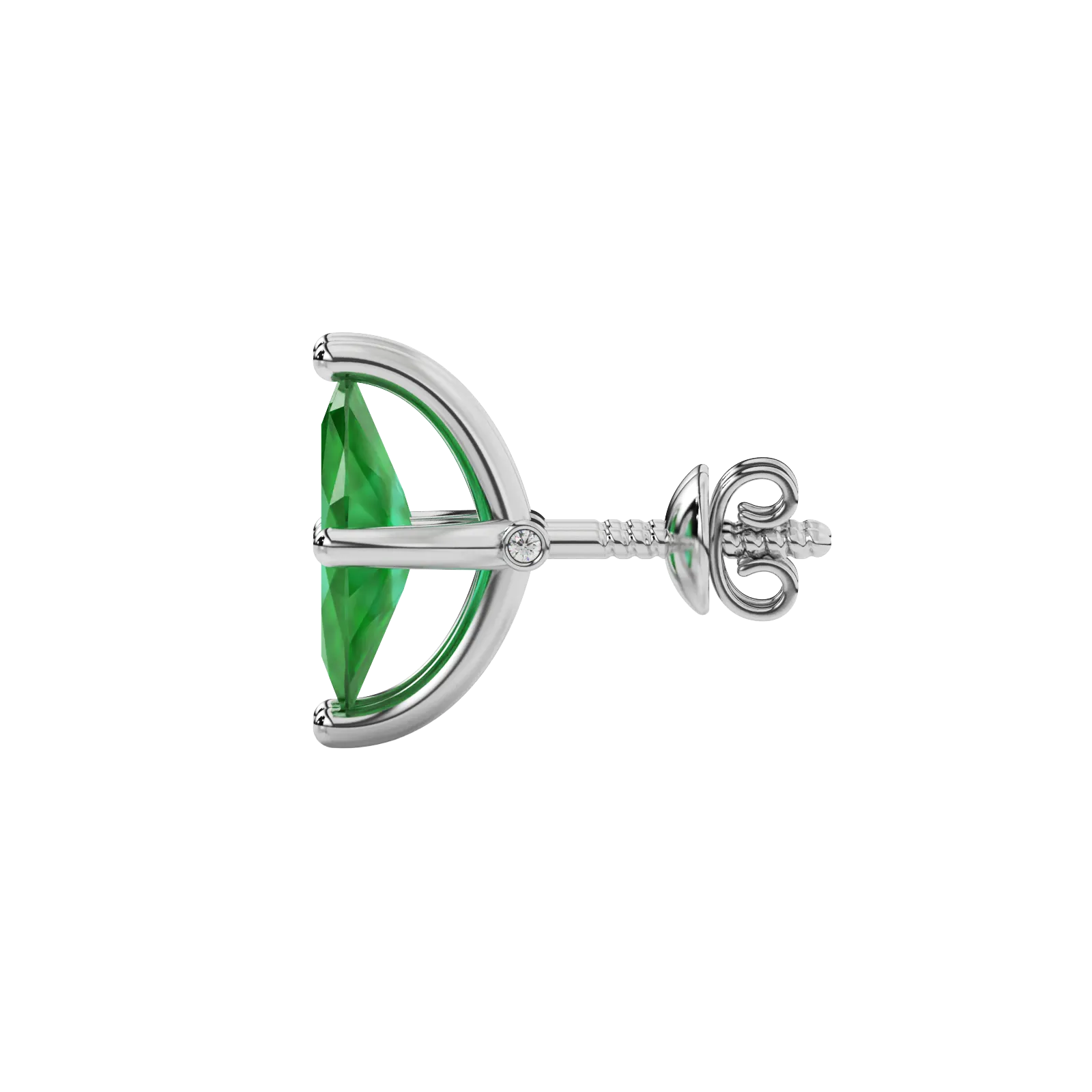 Side profile, white gold emerald green earrings, surprise diamond gallery.
