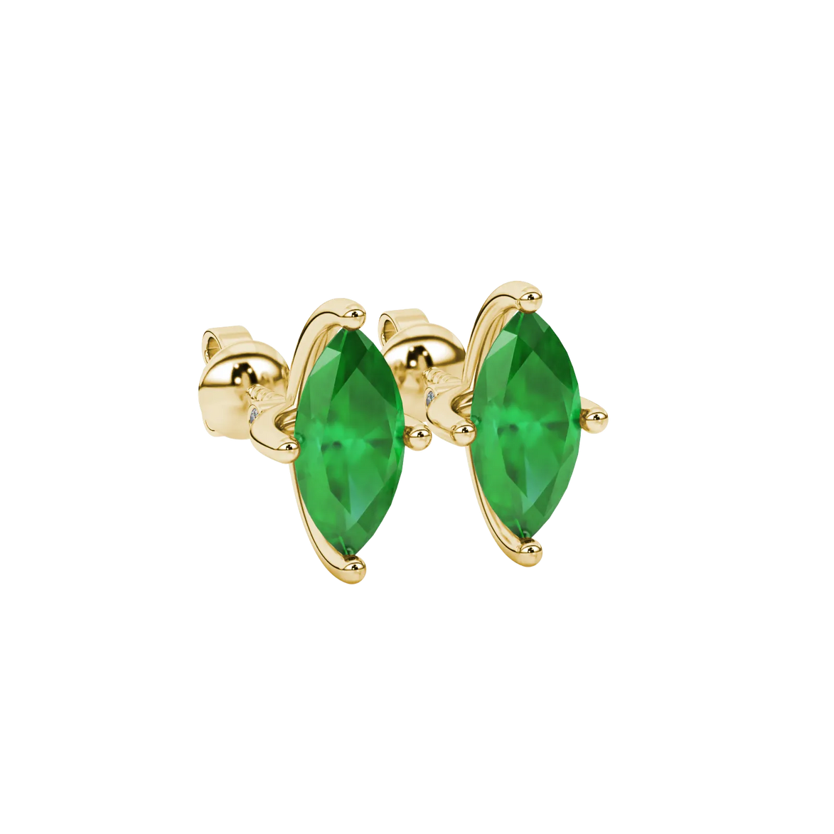 Close-up, marquise cut emerald green gemstone, yellow gold surprise diamond earrings.
