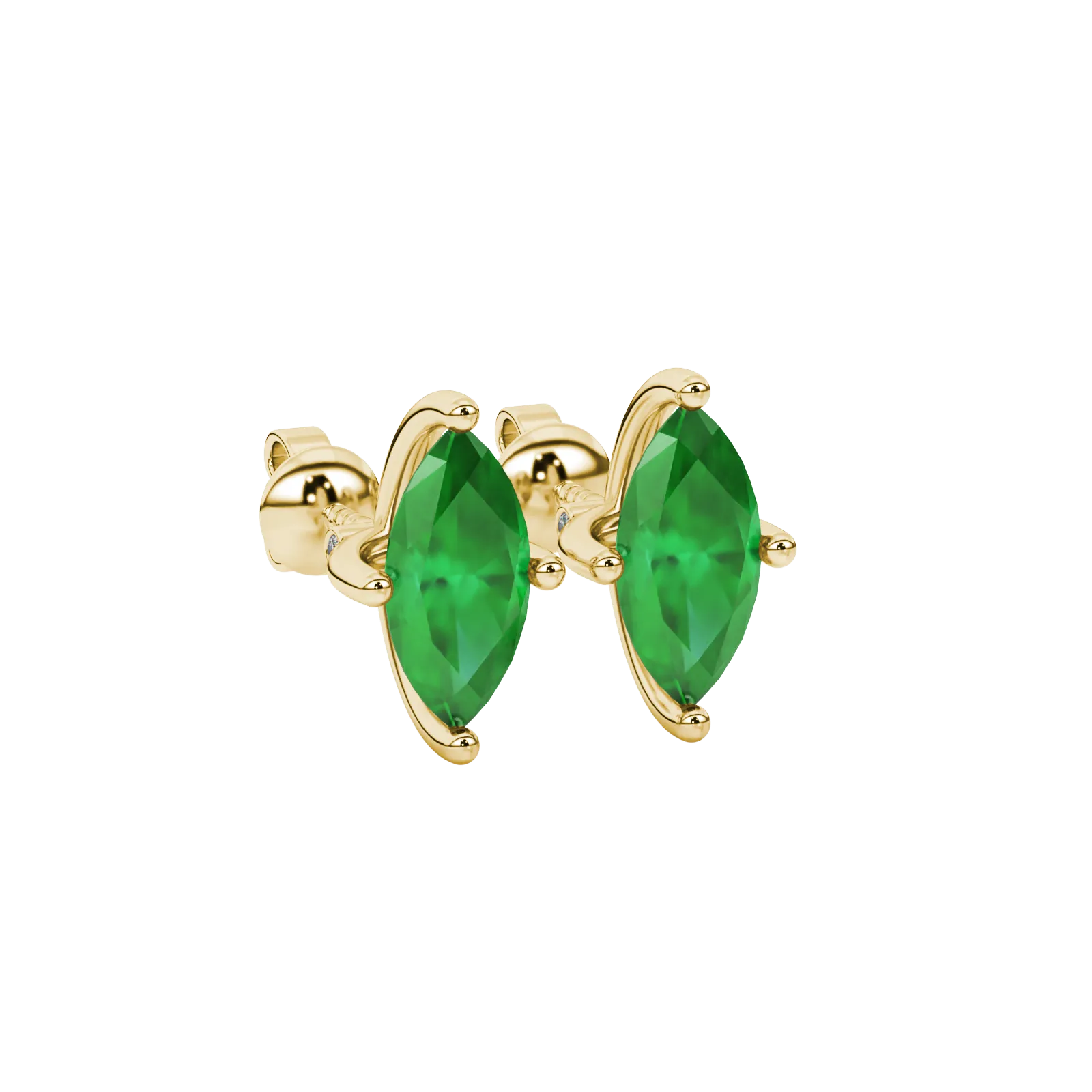 Close-up, marquise cut emerald green gemstone, yellow gold surprise diamond earrings.