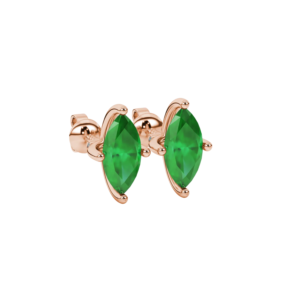 Close-up, marquise cut emerald green gemstone earrings, rose gold surprise diamond setting.