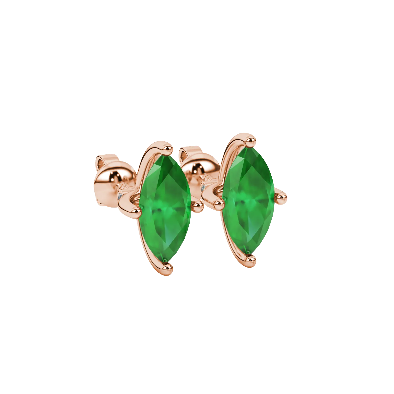 Close-up, marquise cut emerald green gemstone earrings, rose gold surprise diamond setting.