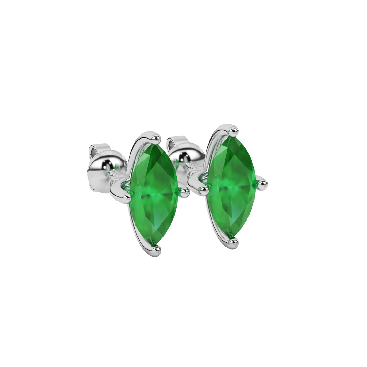 Close-up marquise cut emerald green gemstone, white gold surprise diamond setting.