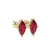 Close-up, marquise cut raspberry red gemstone, yellow gold surprise diamond earrings.