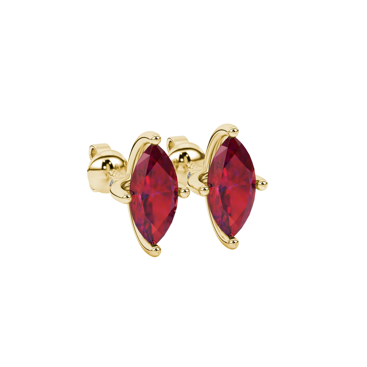 Close-up, marquise cut raspberry red gemstone, yellow gold surprise diamond earrings.