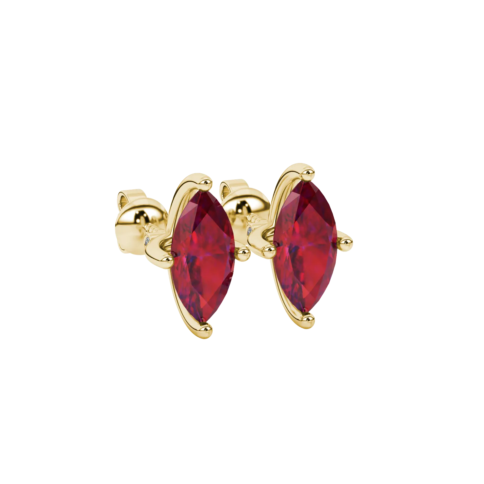 Close-up, marquise cut raspberry red gemstone, yellow gold surprise diamond earrings.