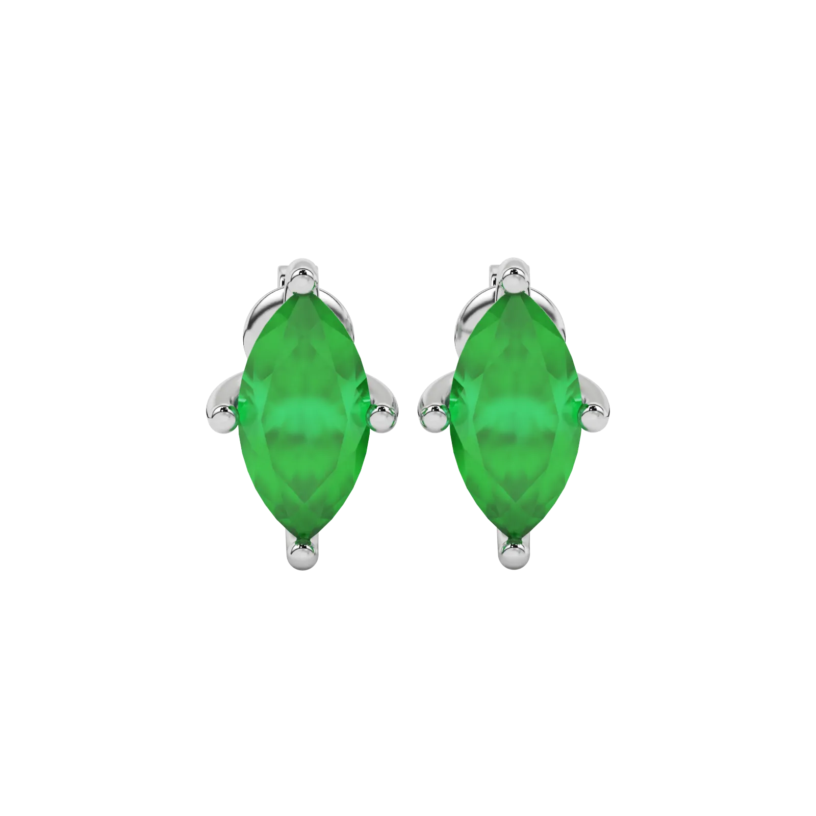 Marquise cut emerald green gemstone earrings, white gold surprise diamond setting.