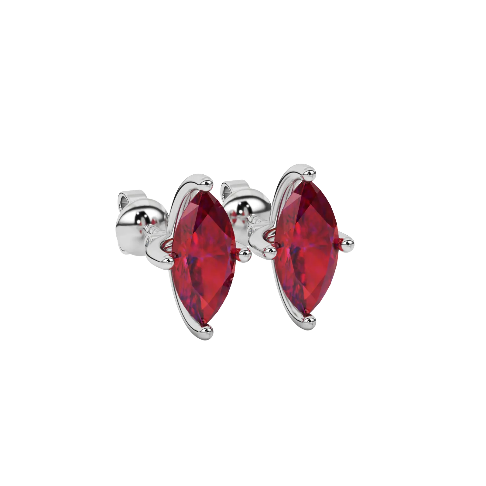 Close-up marquise cut raspberry red gemstone, white gold surprise diamond setting.