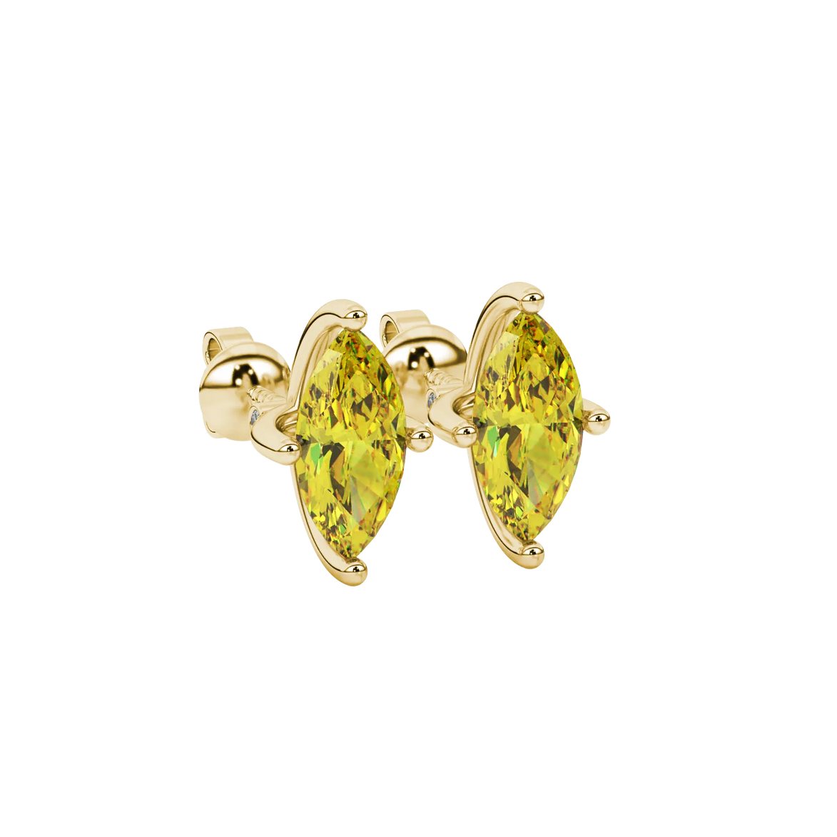 Close-up, marquise cut canary yellow gemstone, yellow gold surprise diamond earrings.