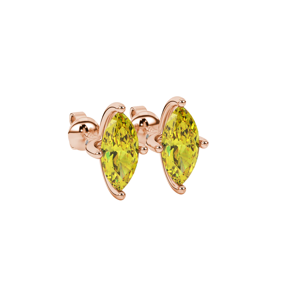 Close-up, marquise cut canary yellow gemstone earrings, rose gold surprise diamond setting.