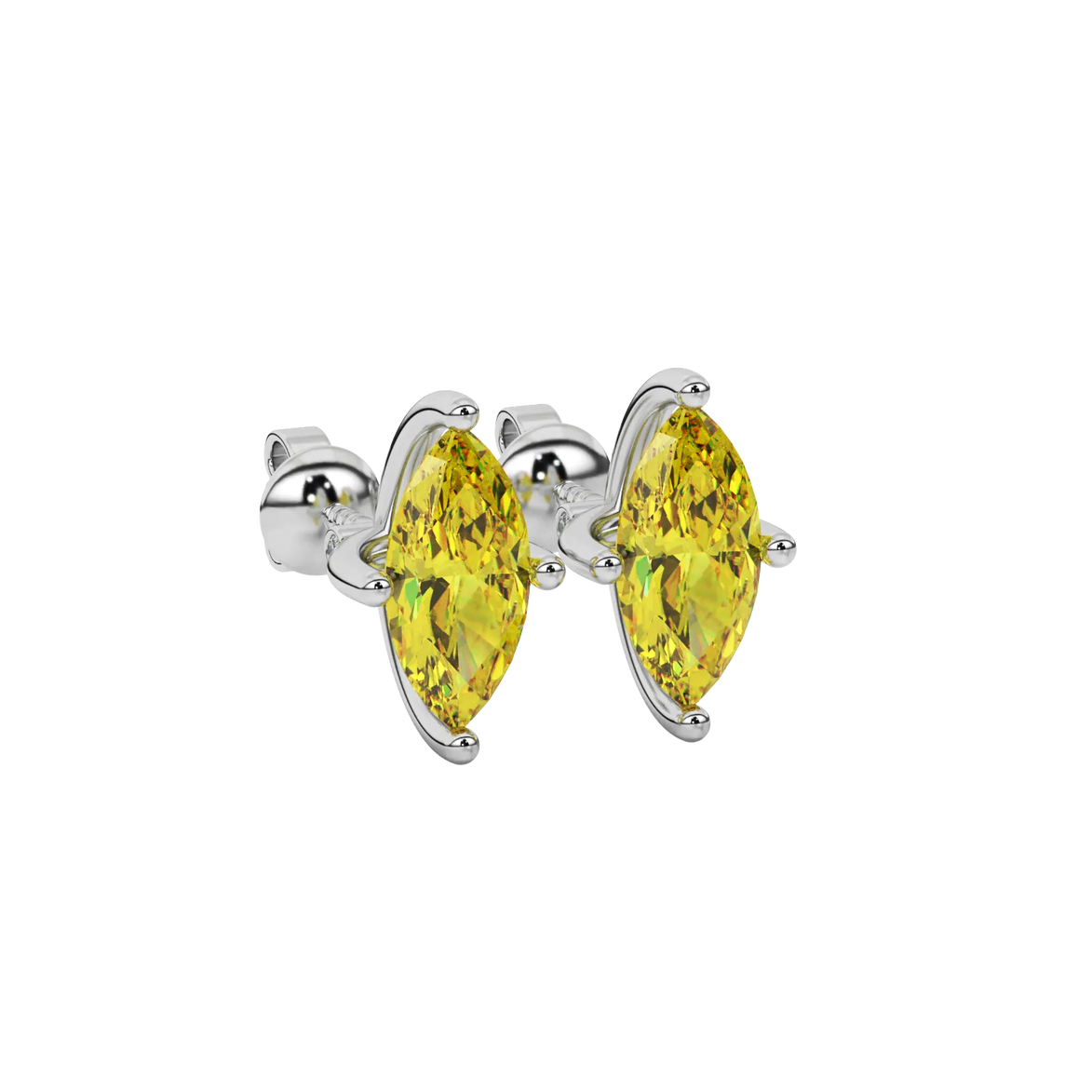 Close-up marquise cut canary yellow gemstone, white gold surprise diamond setting.