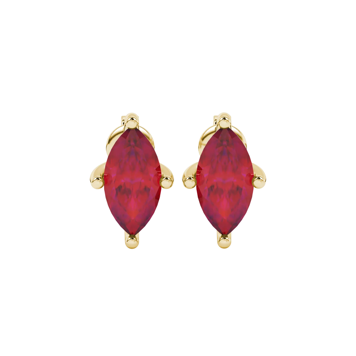 Marquise cut raspberry red gemstone earrings, yellow gold surprise diamond setting.