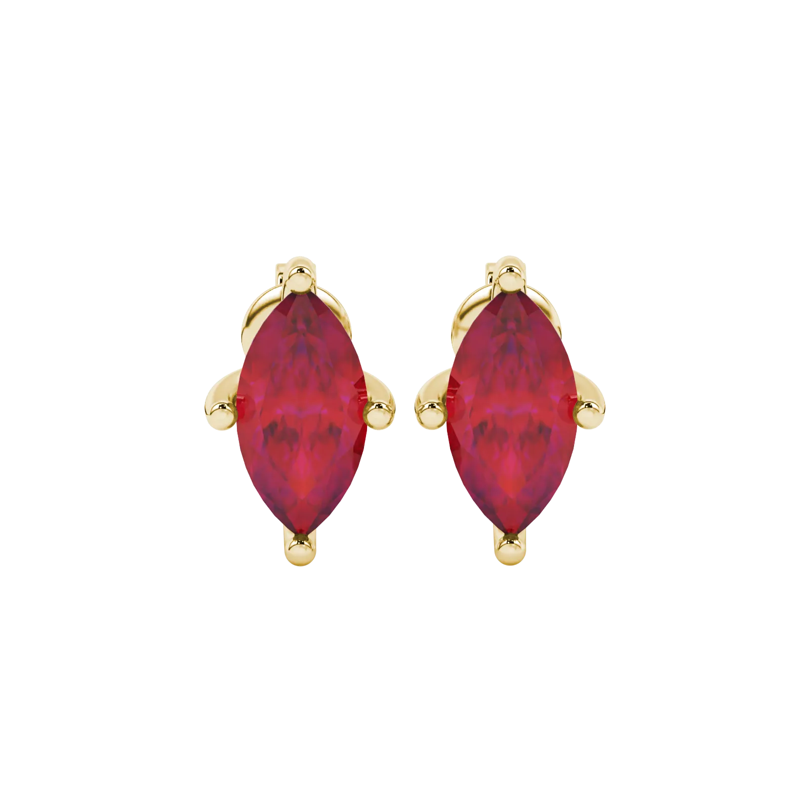 Marquise cut raspberry red gemstone earrings, yellow gold surprise diamond setting.
