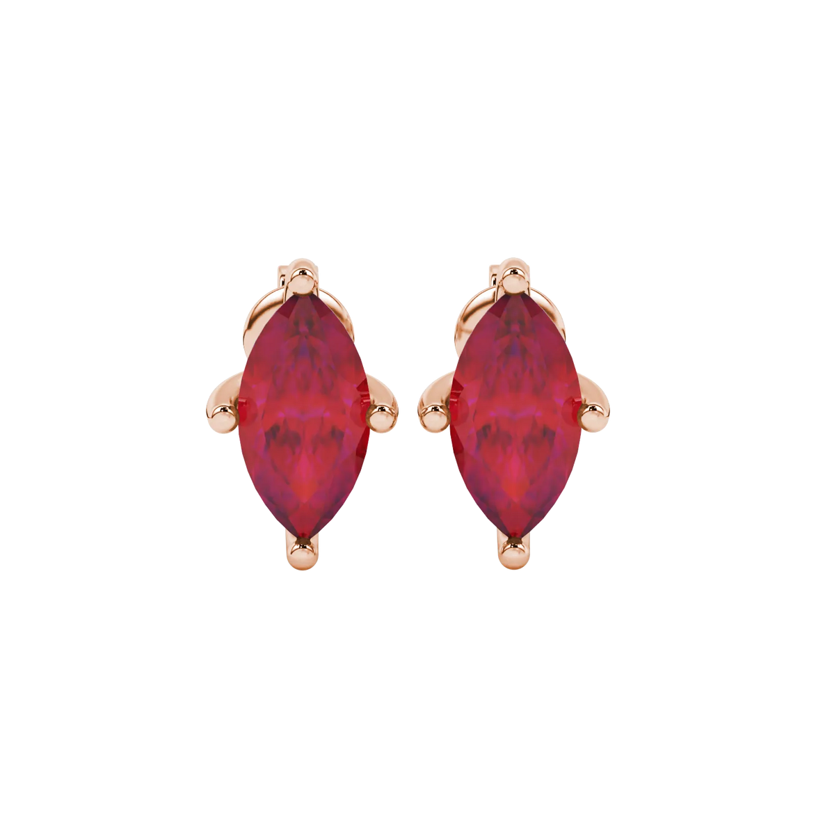 Marquise cut raspberry red gemstone earrings, rose gold surprise diamond setting.