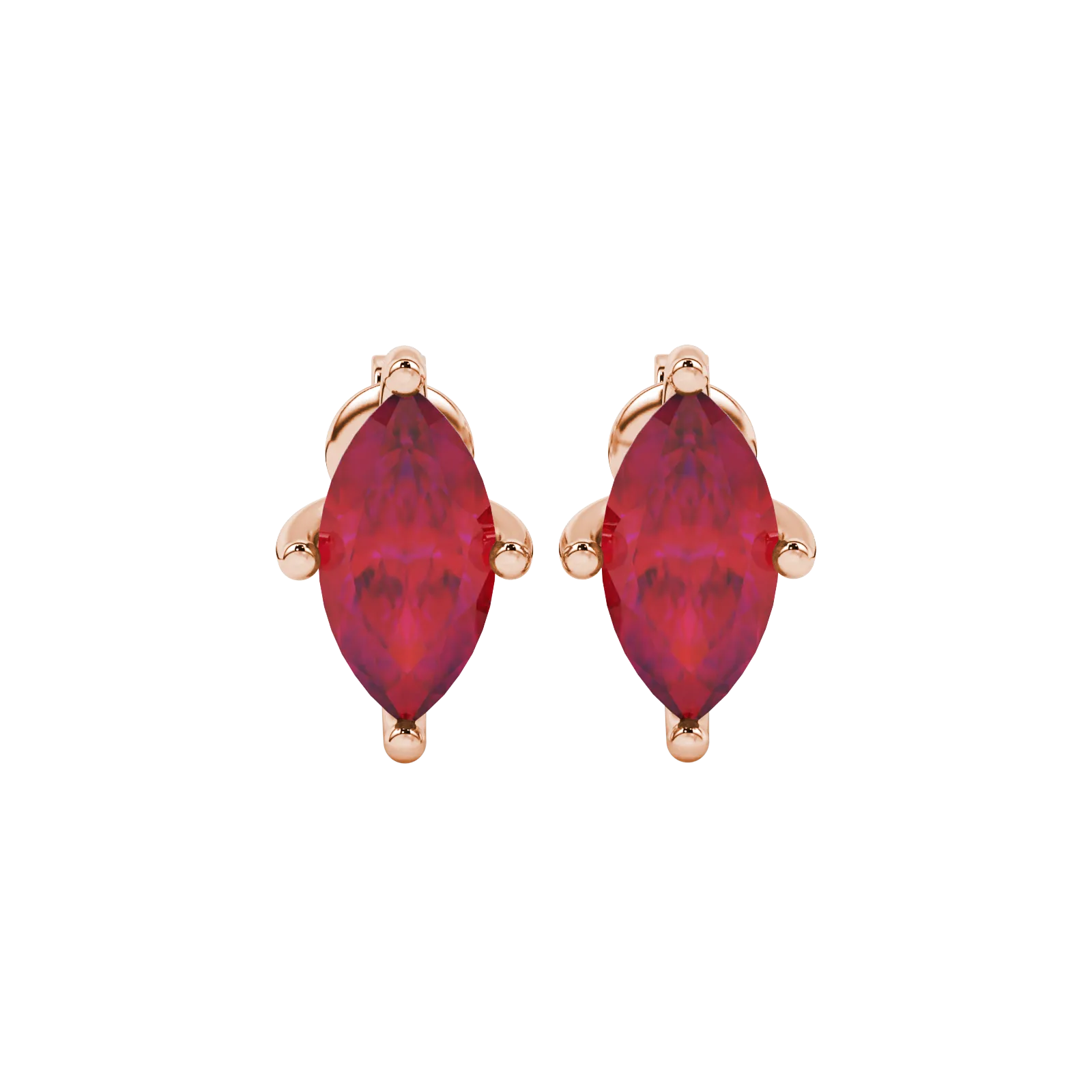 Marquise cut raspberry red gemstone earrings, rose gold surprise diamond setting.
