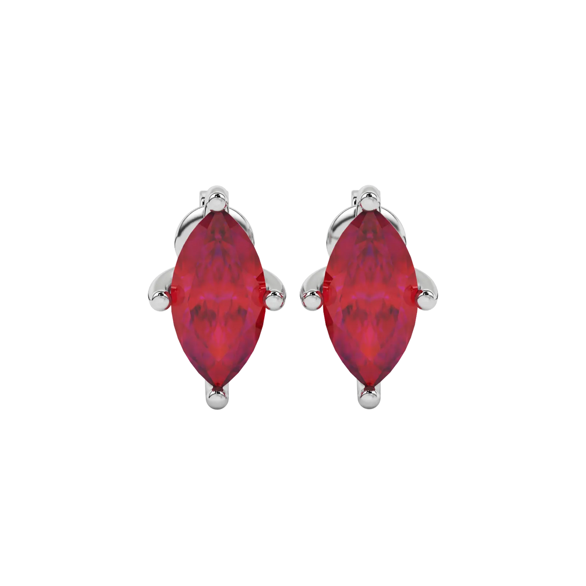 Marquise cut raspberry red gemstone earrings, white gold surprise diamond setting.