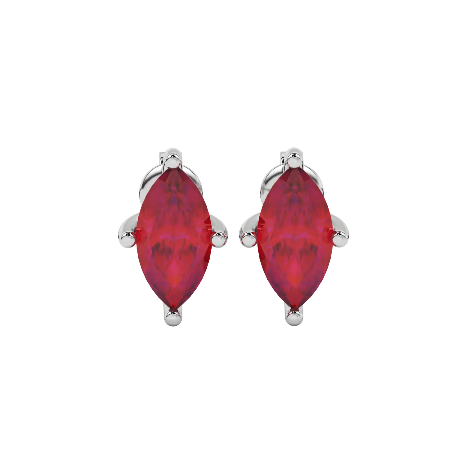 Marquise cut raspberry red gemstone earrings, white gold surprise diamond setting.