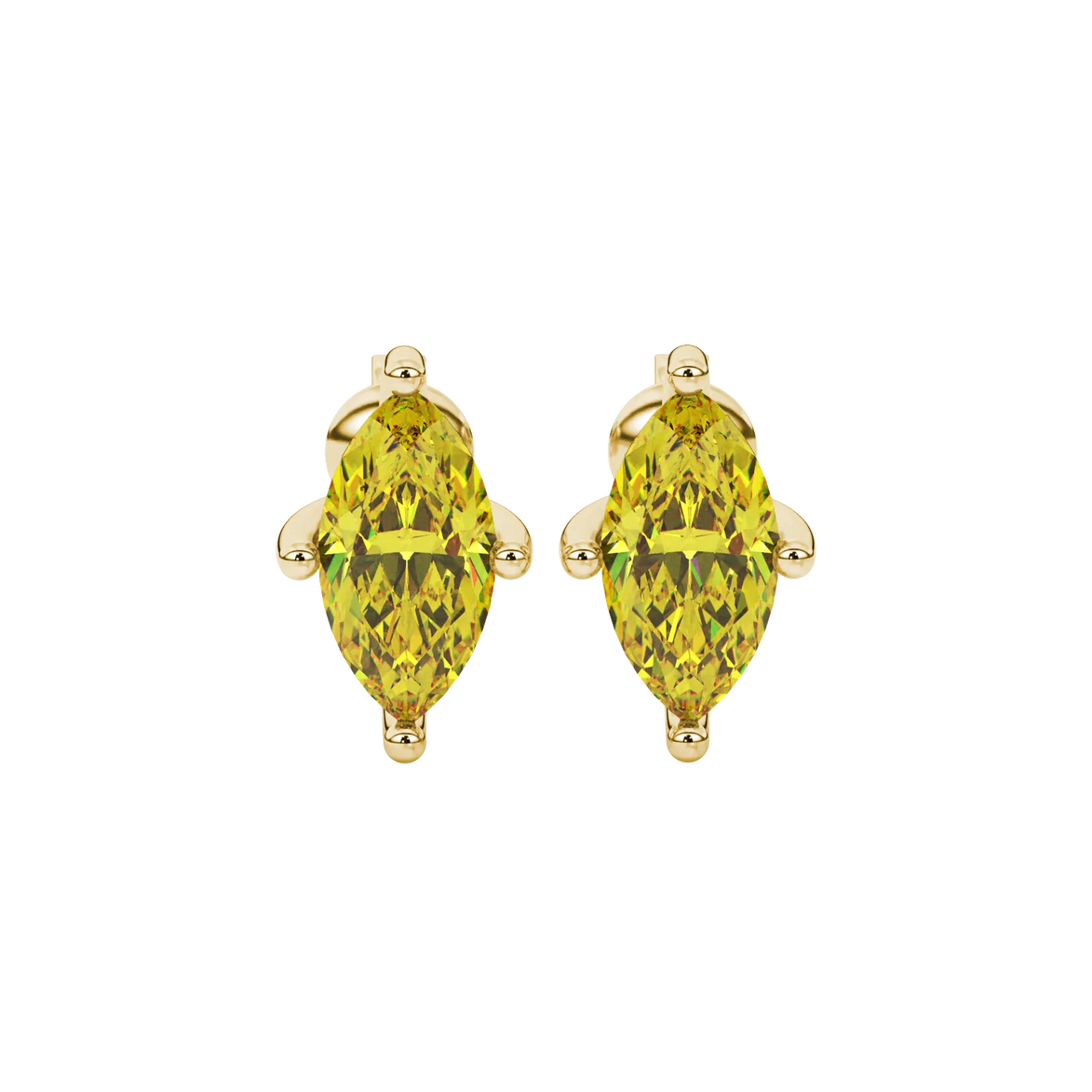 Marquise cut canary yellow gemstone earrings, yellow gold surprise diamond setting.