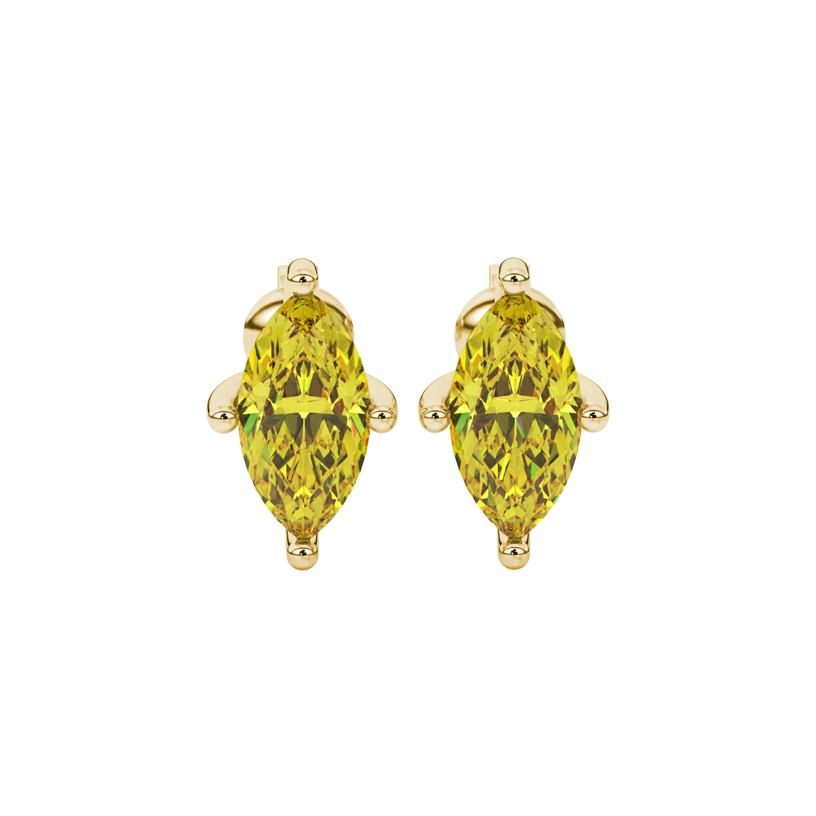 Marquise cut canary yellow gemstone earrings, yellow gold surprise diamond setting.