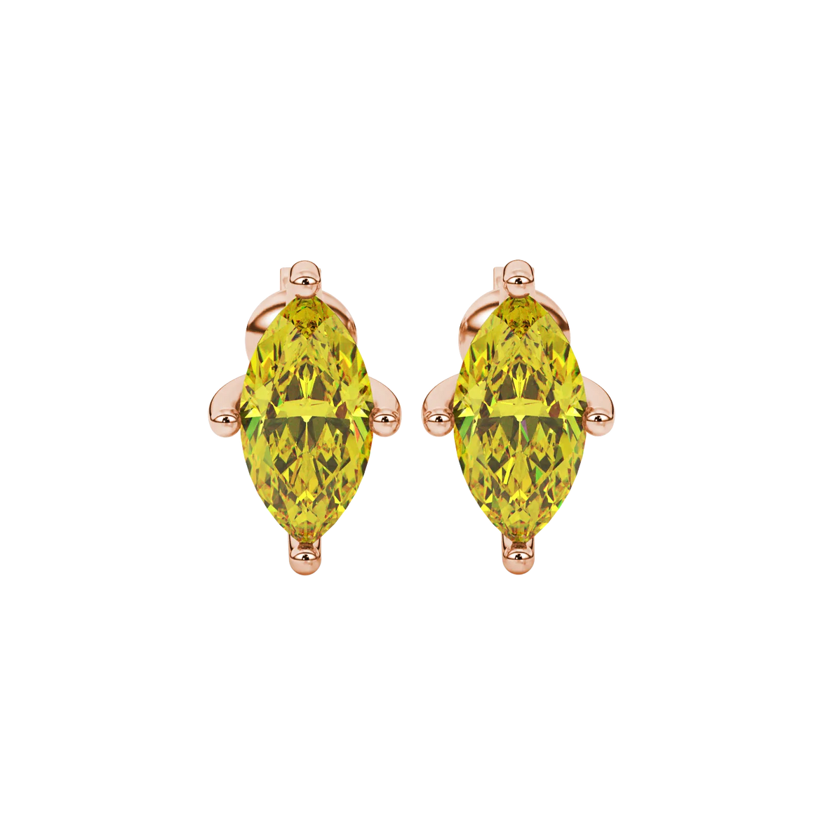 Marquise cut canary yellow gemstone earrings, rose gold surprise diamond setting.