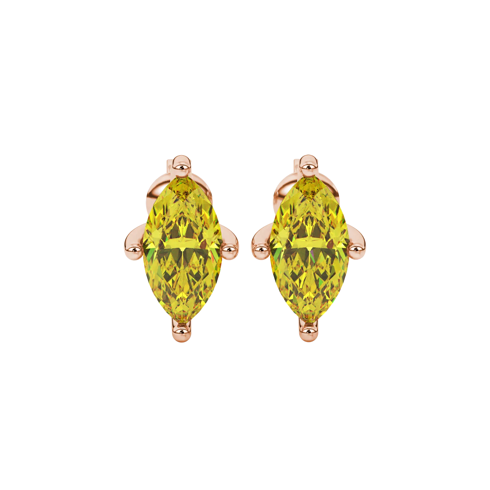 Marquise cut canary yellow gemstone earrings, rose gold surprise diamond setting.