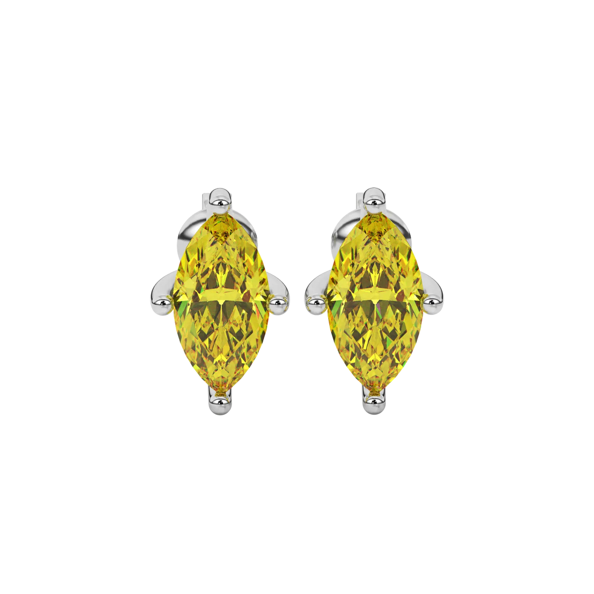Marquise cut canary yellow gemstone earrings, white gold surprise diamond setting.