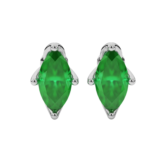Marquise cut emerald green gemstone earrings, white gold tulip basket setting.